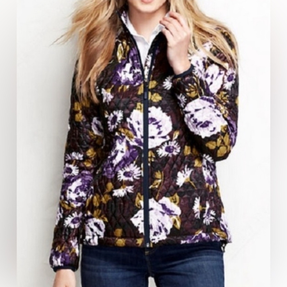 Lands' End Purple and Mustard Floral Rain Jacket